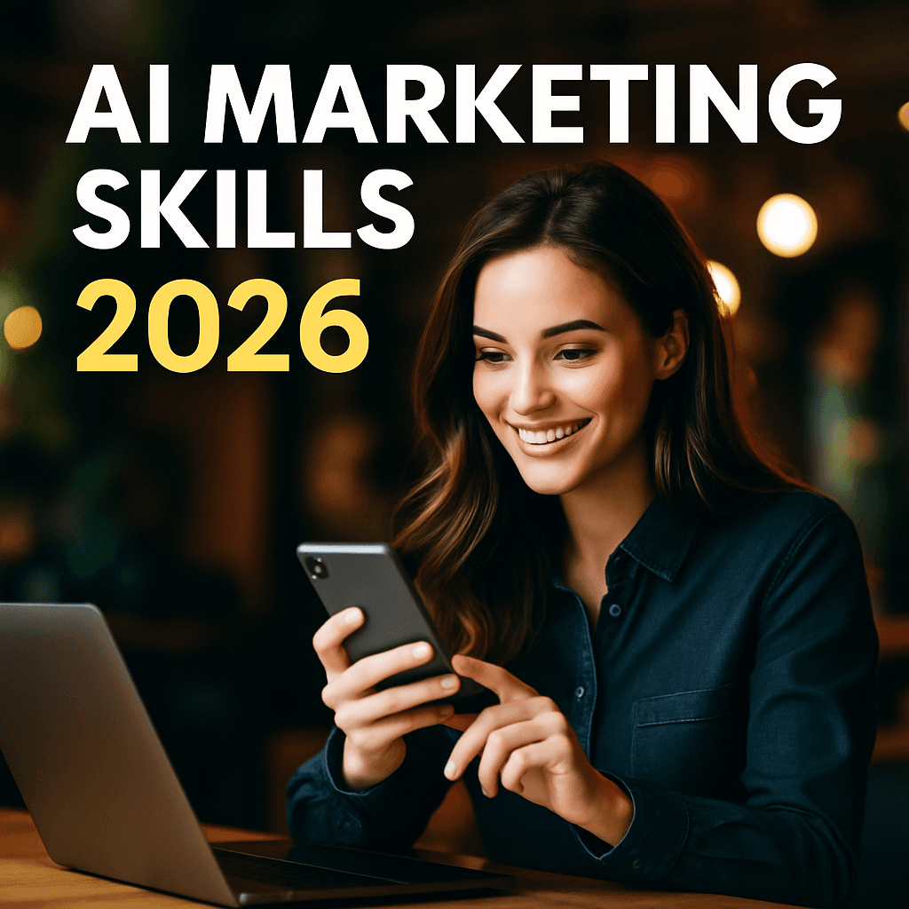 AI Marketing Skills 2025 - Young woman working on smartphone and laptop, showcasing essential AI marketing skills for modern specialists. Text overlay: AI Marketing Skills 2026.