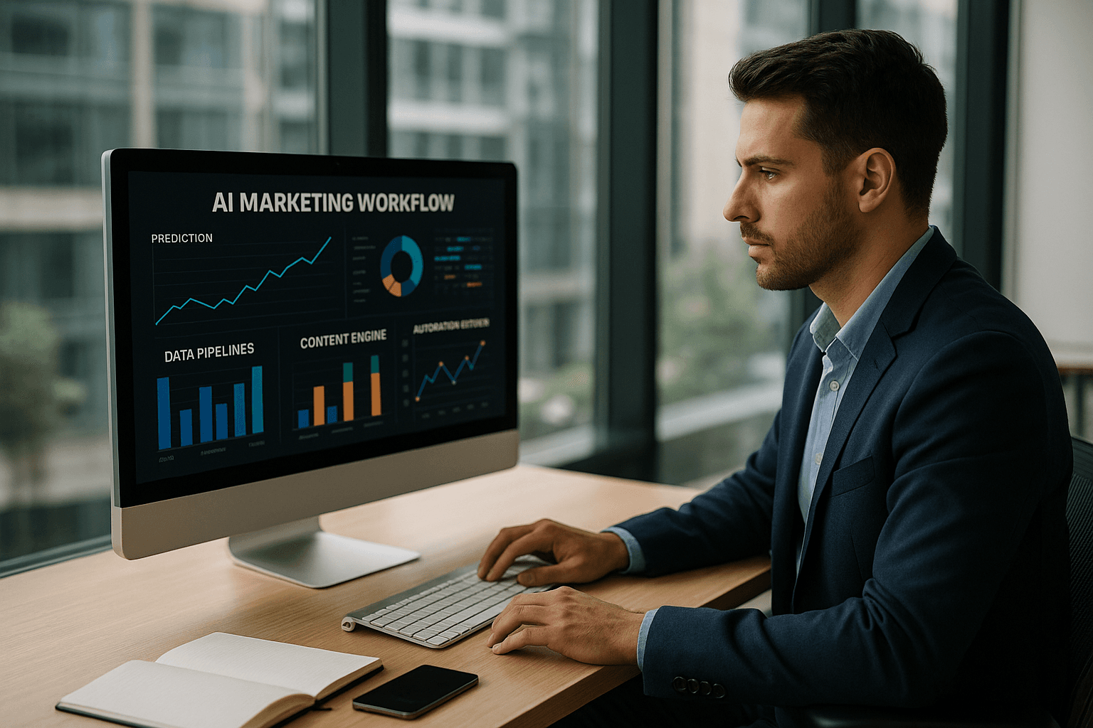 AI Marketing Specialist working at computer with AI Marketing Workflow dashboard showing prediction, data pipelines, content engine, and automation systems
