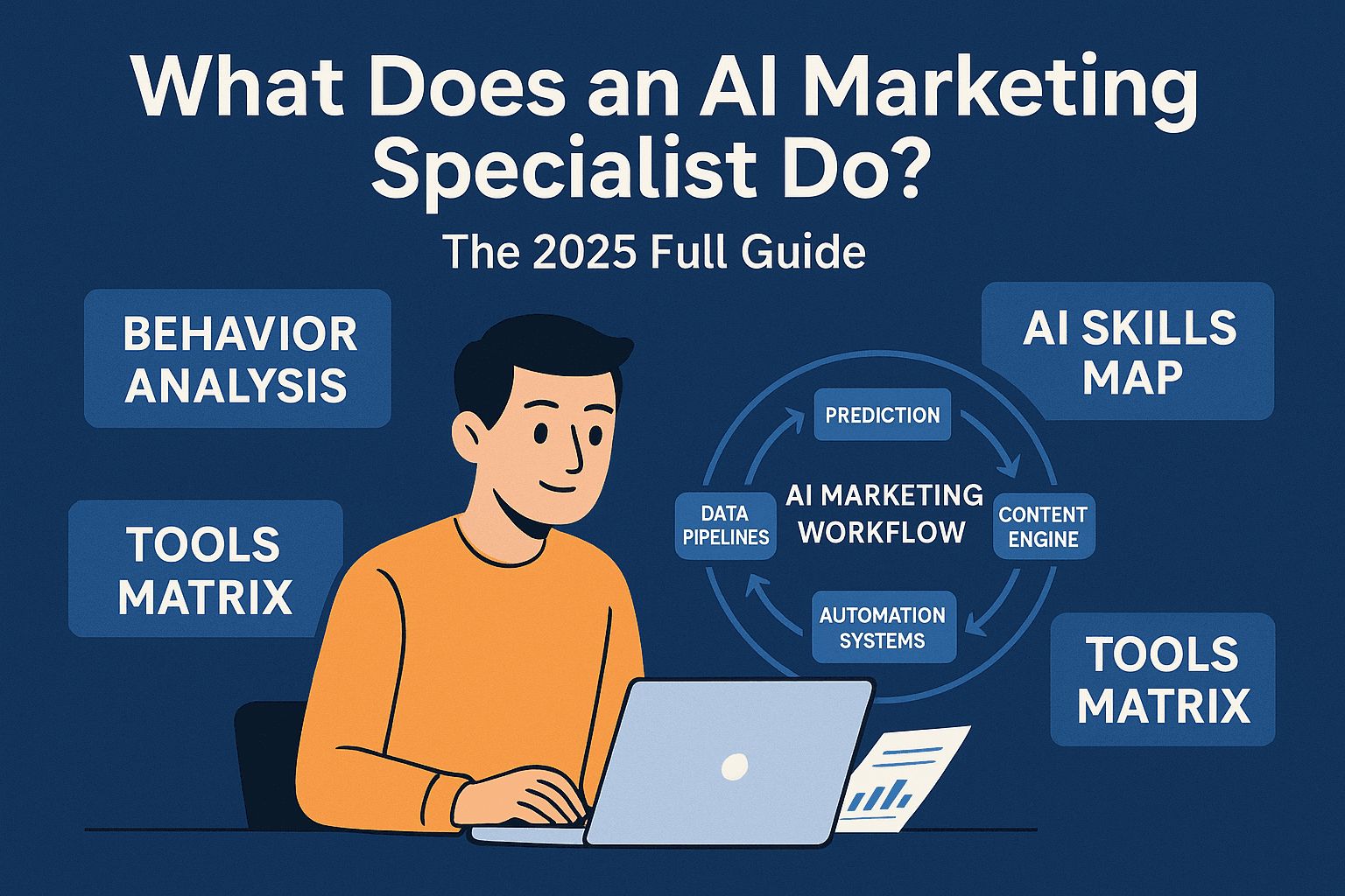 What Does an AI Marketing Specialist Do? The 2025 Full Guide - Infographic showing AI Marketing Workflow, Behavior Analysis, AI Skills Map, and Tools Matrix