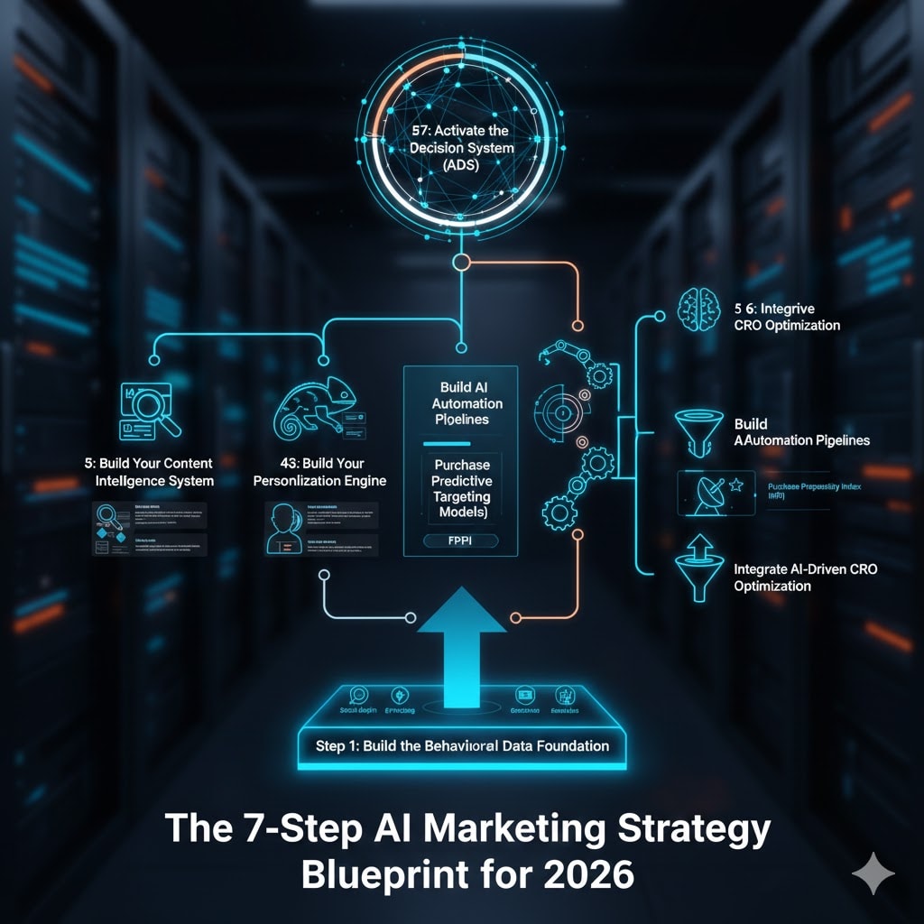 The 7-Step AI Marketing Strategy Blueprint for 2026 - Complete visual diagram showing: Step 1 Behavioral Data Foundation, Step 2 Content Intelligence System, Step 3 Personalization Engine, Step 4 Predictive Targeting Models, Step 5 Automation Pipelines, Step 6 CRO Optimization, Step 7 Adaptive Decision Systems (ADS). AI marketing framework by Nima Saraeian.