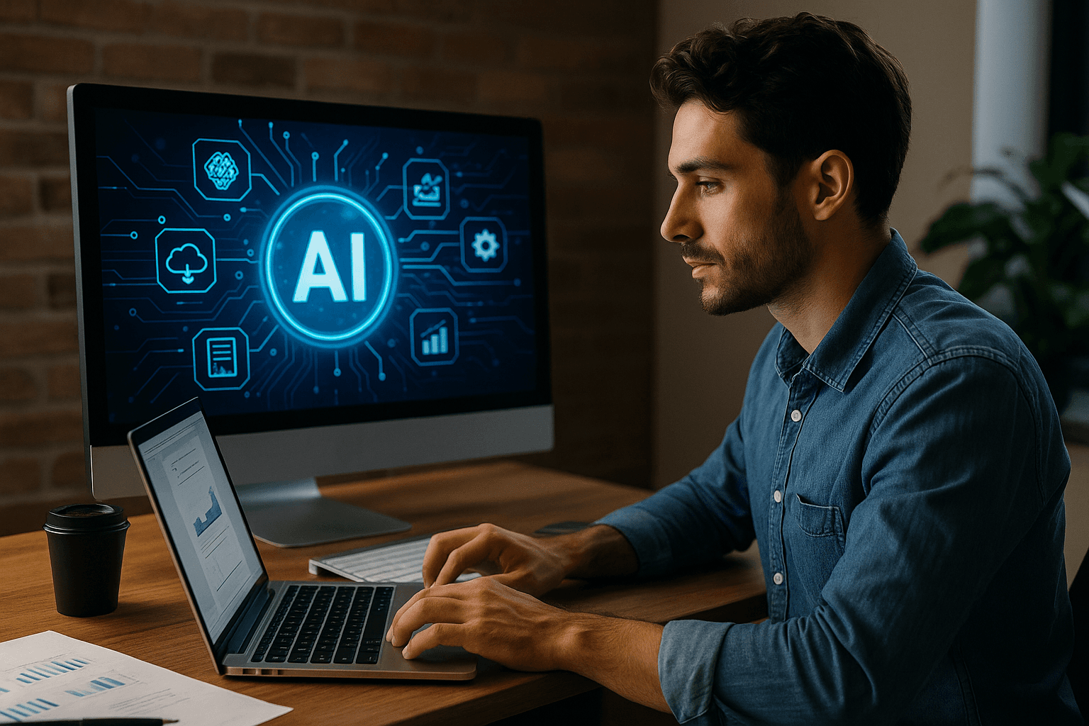 CRO Copywriter Working with AI A CRO copywriter using AI tools on multiple screens to analyze data and optimize conversion-focused copywriting.